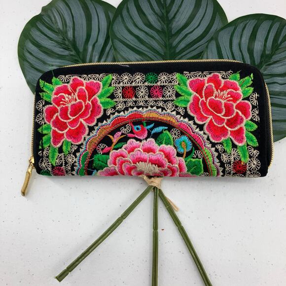 Unbranded Black Pink White Gold Light Embroidered Rose Lace Zip Around Wallet - Picture 4 of 8